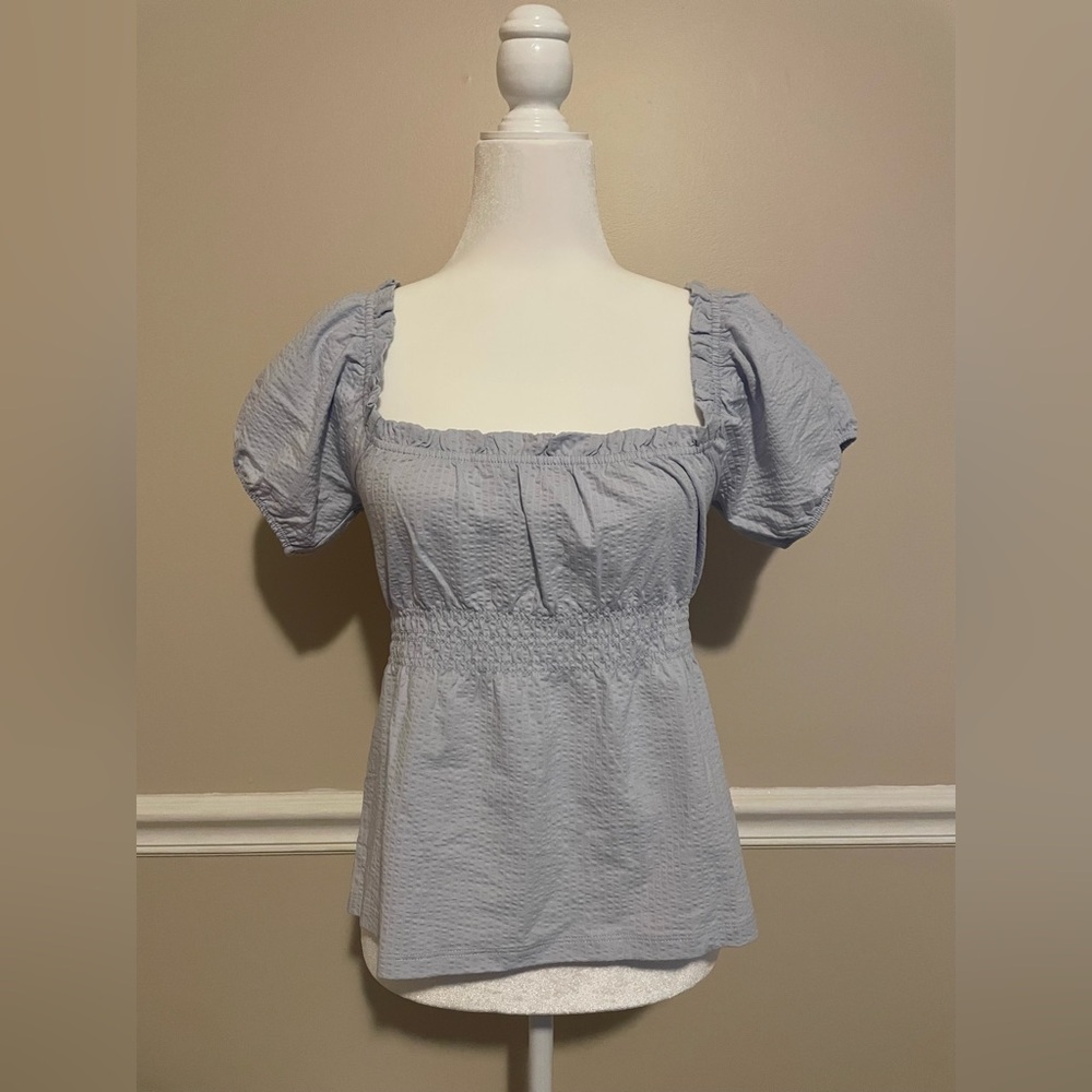 NWT J. CREW Blouse Top Blue Smocked Babydoll Cottagecore Puff Women's Sz Small